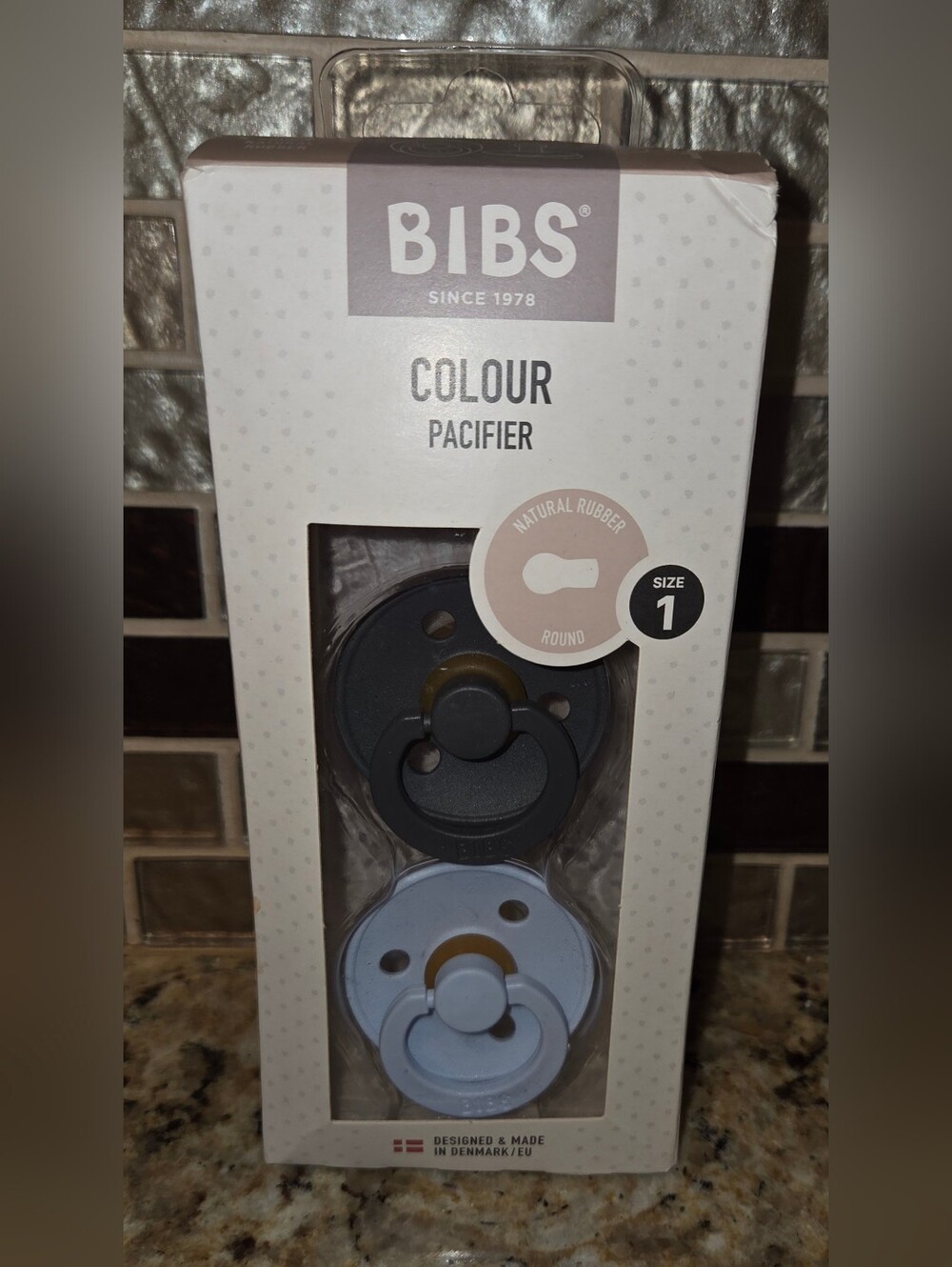 NWT Bibs Colour Pacifier Set in Dark Gray and Light Blue Size 1 Binky Paci's